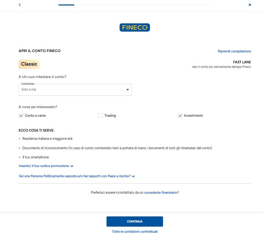 Inserimento dati apertura conto fineco